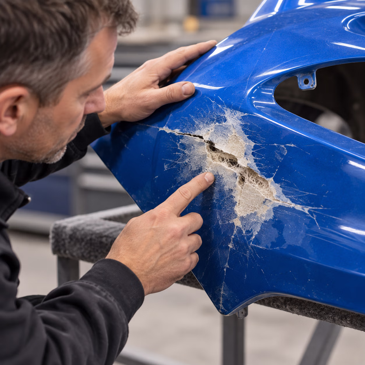 Begutachtung eines beschädigten GFK-Bauteils vor der Reparatur